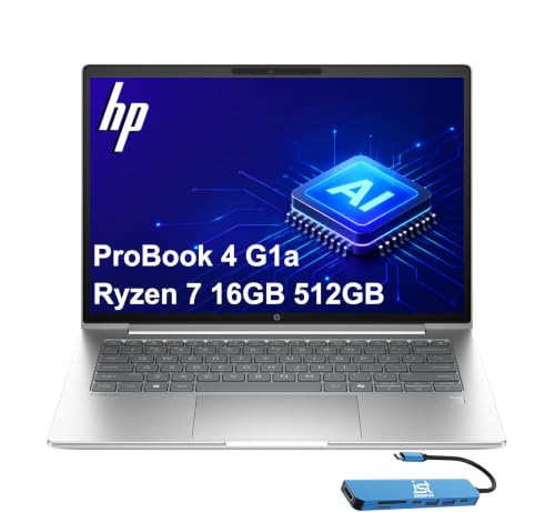 Image of HP ProBook 4 G1a Laptop, 14 inch FHD+, AMD Ryzen 7 250, 16GB DDR5, 512GB SSD | Business AI PC, > Intel Ultra 7 165U, Radeon 780M Graphics, Anti-Glare, Wolf Security, Webcam, USB-C HUB, Win 11 Pro