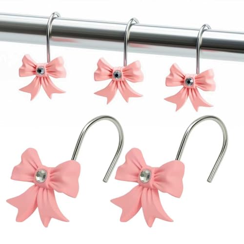Kreapa 12 Pcs Pink Bow Shower Curtain Hooks Pink Shower Curtain Hooks for Bathroom and Bedroom Decoration Cute and Rustproof Girls Bathroom Decor
