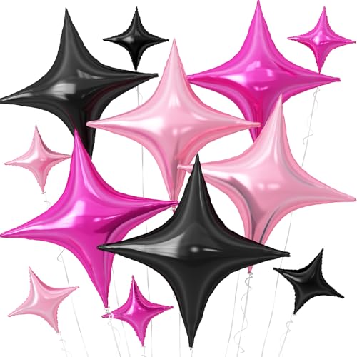 Image of Hot Pink Black Star Balloons,12Pcs Four Angle Star Foil Balloons | 26Inch and 10Inch Pink Black Quadrangle Star Helium Balloon for Birthday Baby Shower Wedding Party Decorations