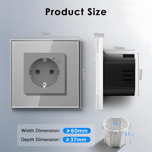 BSEED Wifi Smart Steckdose,arbeitet mit Amazon Alexa,Google Home,Timing-Funktion und APP-Steuerung,1 Fach Schuko Steckdose Grau,Unterputz Glas Intelligente Wandsteckdose-auf NUR 2.4 GHz Netzwerk