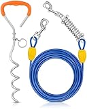 Petbobi Dog Tie-Out Cable and Stake - 20ft Heavy Duty Cable with Spring, No Tangle, 16in Ground Stake, Ideal for Yard, Camping and Beach, Suitable for Small Medium Large Dogs Up to 120 lbs, Blue