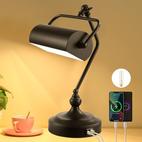 CONCA Classic Antique Touch Adjustable LED Desk Lamp, Bank Lamp, Piano Lamp, Eye Protection Table Lamp with Output Charging Port (Bulb Included in Package) (Black)