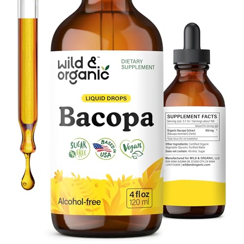 Wild & Organic Bacopa Monnieri Supplement - Brain & Focus Support - Bacopa Extract Liquid Drops - Brahmi Herb Tincture to Add to Tea - 5-Month Supply - Vegan Sugar & Alcohol-Free - 4 fl oz