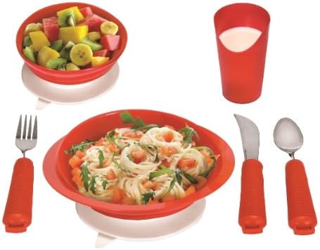 Essential Medical Supply Power of Red Complete Adaptive Dinnerware Setting for Alzheimers and Dementia with Plate, Bowl, Cup, and Utensil Set