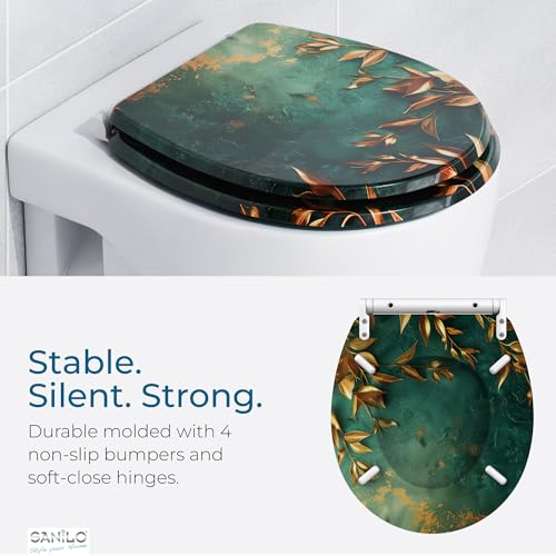 Image of Sanilo Wooden Toilet Seat with Quick Release & Soft Close [ROUND] - Decorative & Slow Close Molded Wood Seat - With One Click for Easy Installation & Cleaning - With Adjustable Fit (Greego)