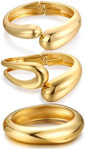 Chunky Gold Bangle Bracelets for Women, Dainty 14k Gold Plated Bi...