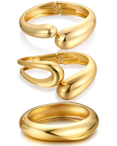 Image of Chunky Gold Bangle Bracelets for Women, Dainty 14k Gold Plated Big Stackable Bangles Set, Trendy Statement Cuff Bracelet Stack Fashion Jewelry Gifts