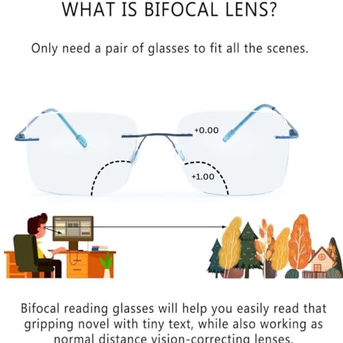 Image of Redex Rimless Rectangel Bifocal Reading Glasses Anti Glare Protection For Unisex Power Available 0.50 0.75 1.00 1.25 1.50 1.75 2.00 2.25 2.50 2.75 3.00
