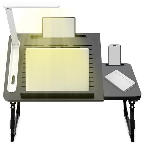 Extra Large Adjustable Foldable Laptop Desk for Bed with Ergonomic Multi-Purpose Portable Desk for Bed, Sofa, or Floor - Ventilated Surface, Sturdy Legs, Book Stand, Tablet Groove, (with Light)