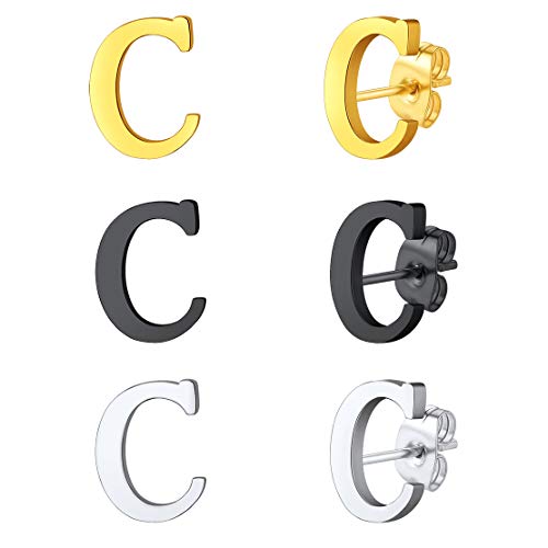 FindChic Allergy Free Initial Earrings 3 Pairs Stud Earrings Set, 18K Gold Plated/Stainless Steel/Black Alphabet A to Z Letter Studs Pack (with Gift B