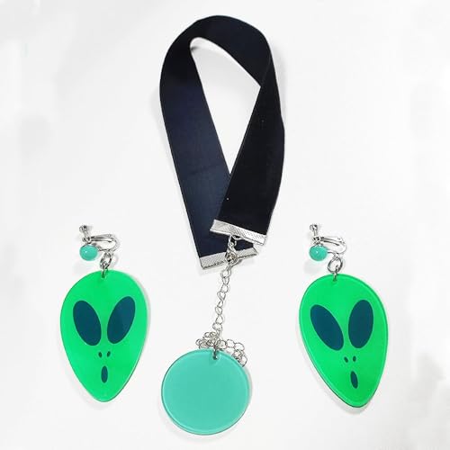 Momo Cosplay Ear Clip Green Alien Pattern Circular Earrings and Black Choker Costume Accessory Adult Unisex for Party Halloween Christmas2