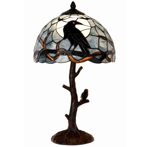 Bieye L30956 Cuervo sentado en una rama de árbol desnudo en una noche de luna llena Lámpara de mesa de vidrio de colores estilo Tiffany para decoración del hogar (Azul oscuro, 12 ancho x 20 alto)