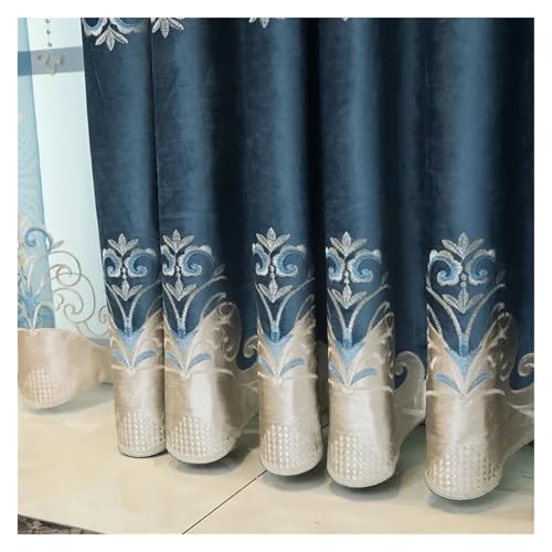 Fenêtre occultante avec rideau en chenille bleu brodé salon