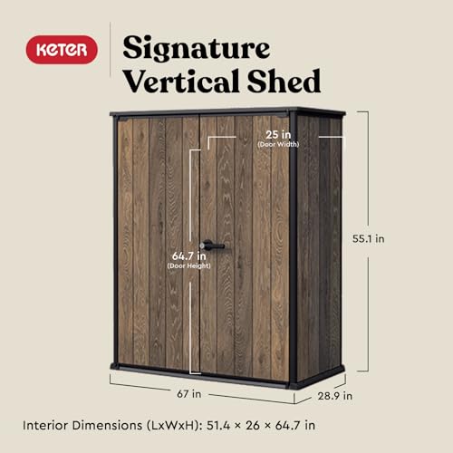 Signature Collection Vertical Outdoor Storage Shed, Weather-Resistant Resin Storage Cabinet with Double Doors & Heavy-Duty Floor, Walnut