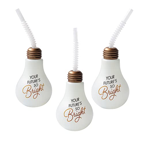 Fun Express 12 Pieces Grad Lightbulb Cups with Lids & Straws, Holds 14 oz, BPA Free Plastic, Party Supplies, White