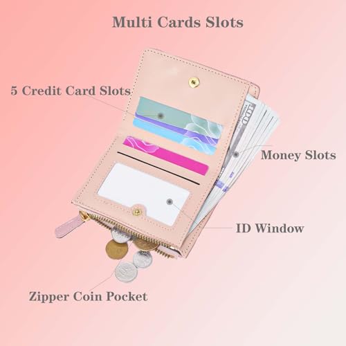 Embroidery Flower Woman Wallet with 5 Card Slots and Coin Pocket, Small Womens Purses Coin Purse with ID Window, Minimalist Woman Small Wallet for Organize Cards, Cash (Flower, Pink)3