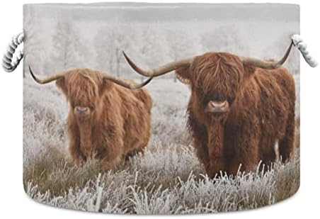 MIFSOIAVV Scottish Highland Cow Large Round Storage Basket Farmhouse Laundry Basket Toy Storage Hamper Organizer Bin Storage Box Durable Handles for Bathroom Bedroom Nursery Laundry Closet
