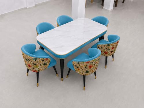 Image of WOODEN SPACE 6-Seater Wooden Dining Table Set | Nano Composite Marble Top | Solid Wood Base | Modern Dining Room Furniture with 6 Chairs (Sky Blue Printed)