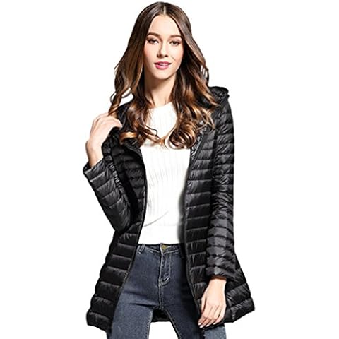 Baymate Elegant Women's Outwear Hooded Down Jacket Mid-Long Lightweight Packable Slim Jacket Coat Black 3XL Cover