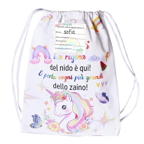 Zainetto Asilo Sacca Asilo con Nome Personalizzata – Sacca Asilo Bambina con Frase Motivazionale “E porta sogni più grandi dello zaino!”+2 Cartoncini Personalizzabili Zaino Scuola Materna Originale