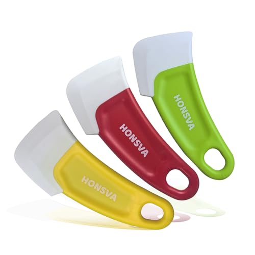 Honsva Rascador de platos de silicona para limpieza de sartenes, ollas, cuencos, herramienta de espátulas antiadherentes, 3 paquetes en colores mixtos, HC-S#004