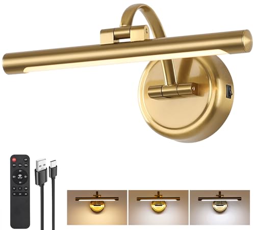 Rechargeable Picture Light for Wall Dimmable Art Lights for Painting Battery Operated Wall Sconce with Remote 3 light Color Timer & Brightness Setting for Artwork Gallery(Brass 12inch)