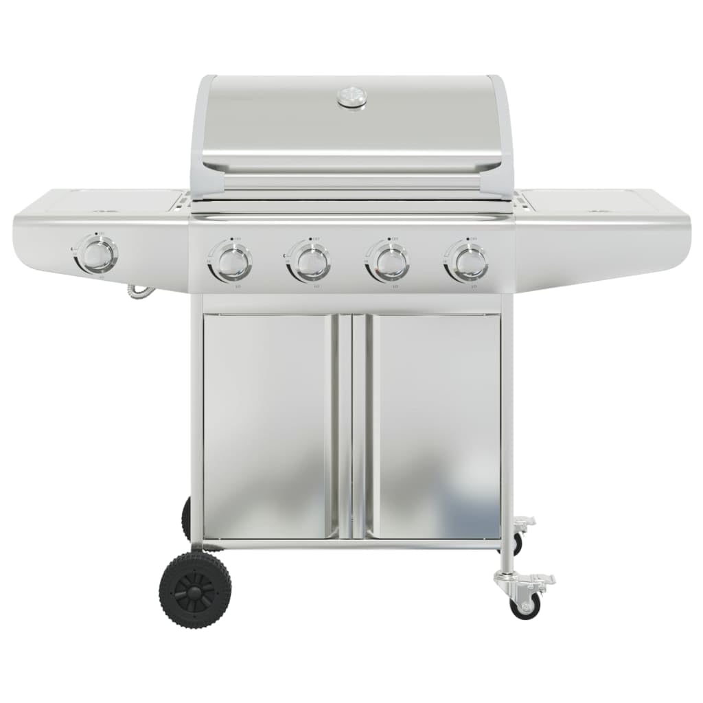 Grill gazowy z 5 płomieniami, ze stali nierdzewnej, srebrny, powierzchnia grillowania: 63 x 40 cm, moc 16 kW, z zapłonem piezoelektrycznym i wbudowanym termometrem, do ogrodu, na balkon