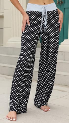Image of AMiERY Women's Comfy Casual Pajama Pants Floral Print Drawstring Palazzo Lounge Pants Wide Leg