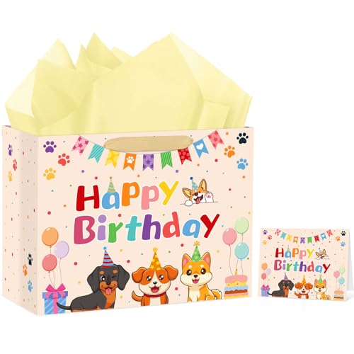 Hooqict Large Dog Gift Bag Dog Birthday Gift Bag with Handles Tissue Paper Greeting Card for Kids Boys Girls Pet Puppy Themed Birthday Party Decorations Supplies