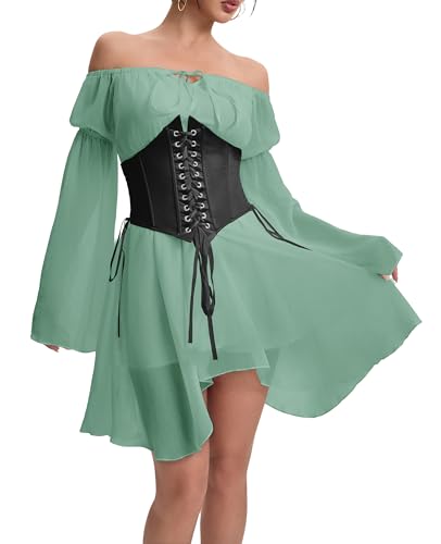 Image of Womens Green Corset Dress Off Shoulder Bell Sleeve Irregular Two Piece Outfits Bustier Dresses L