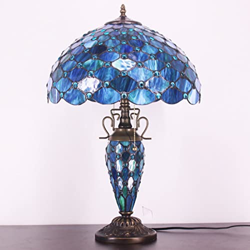 Zjart Tiffany Lamp Blue Stained Glass Mother Daughter Table Lamp With Night Light W16H24 Inch Antique Bedside Desk Work Study Reading Lamp Decor Kids Bedroom Living Room Office Pull Chain Switch #TOP1