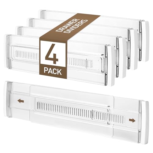 Aurinovellia 4 Piezas Separadores de Cajones, Separadores de Cajones Ajustables, Largo 28,5-50,5 cm, Alto 8cm, Transparente Divisor Cajones Expansible para Tocador, Escritorio, Armario, Cocina