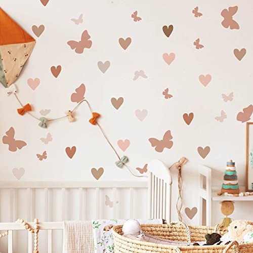 Image of funlife 84 PCS Boho Wall Decals Peel and Stick, Muted Boho Hearts and Butterfly Wall Stickers, Pastel Hearts Wall Art Stickers for Kids Room Bedroom Playroom Nursery Room