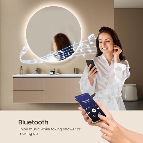 EMKE 800 mm Bluetooth Round Bathroom Mirror with LED Lights, Backlit LED Bathroom Mirrror Wall Mounted with Anti-fog, Bluetooth Speaker, Smart Mirrors 6000K, Dimmable, Touch Control, IP44 - Image 2