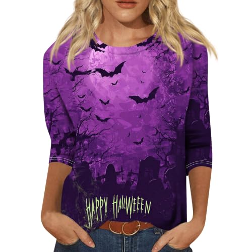 Image of Women Spooky Halloween Graphic Shirt 3 /4 Length Sleeve Crewneck Top | Halloween Funny Printed Pumpkin Plus Size Tshirts 2026 Fall Outfits Skeleton Tee Going Out Tops