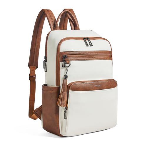 Mochila de cuero para portátil para mujer beige miniatura 1