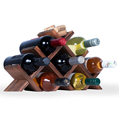 Rustic State Alella Countertop Wood Wine Rack for 8 Bottles Holder and Cork Storage Tabletop Butterfly Sleek Design Freestanding Organizer - Home