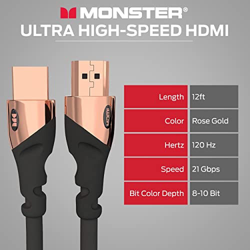 Monster Hdmi 4K Hdmi Ultra High-Speed Rose Gold 2.1 Cable – 21 Gbps, 4K At 60Hz For Superior Video And Sound Quality – Hdmi Cables For Ps5, Apple Tv, Roku, Smart Tv, Xbox Series X, And Series S – 12Ft #TOP6