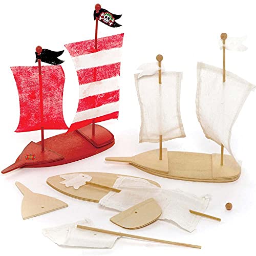 Baker Ross FE274 Kits Barco Pirata de Madera - Paquete de 3, manualidades de madera para que los niños decoren y exhiban, actividad educativa para niños