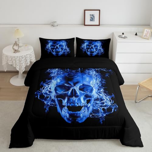 Feelyou Parure literie crâne mort gothique, courtepointe crâne feu bleu adulte enfant, ensemble housse couette Halloween 3 pièces Queen