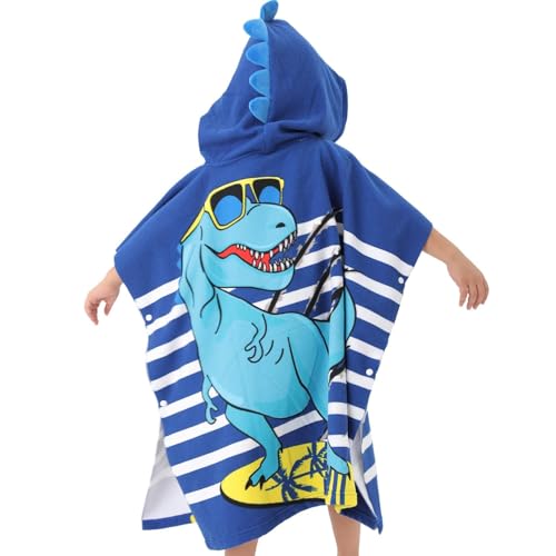 Image of Famyo Poncho Hooded Towel for Kids 1-7 Years | Quick Dry Kids Towel | Soft Lightweight Baby Wrap for Beach | 60 X 60Cm Toddler Pool Towel for Boys & Girls | Micro-Fiber Bath Towels | Cool Dino Blue