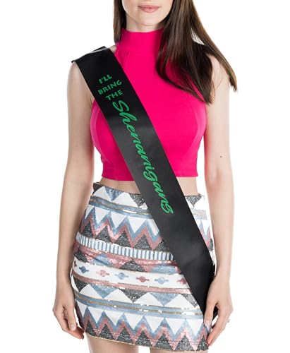 Funky Junque Bridal Sash Bachelorette Party Bridal Shower Gift - I'll Bring The - Shenanigans (Black/Kelly Green)