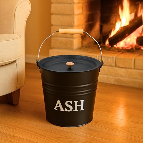 Marco Paul - Cubo formal de metal para cenizas con tapa, color gris oscuro, capacidad de 12 litros, ideal para chimeneas, quemadores de leña e incendios de carbón