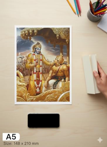 Image of Krishna Divine Wall Art Poster | Shri Krishna Ran Bhumi with Arjun Mahabharat Geeta Gyan | Divine Artwork for Home, Temple, and Meditation Spaces | 350GSM Paper (A5 21L x 14.8W)