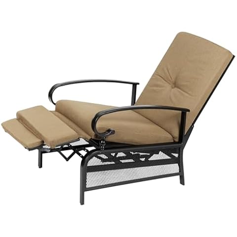 SOLAURA Outdoor Recliner Adjustable Backrest Lounge Chair with Black Metal Frame & Removable Cushions for Porch, Backyard, Pool or Garden (Beige) Cover
