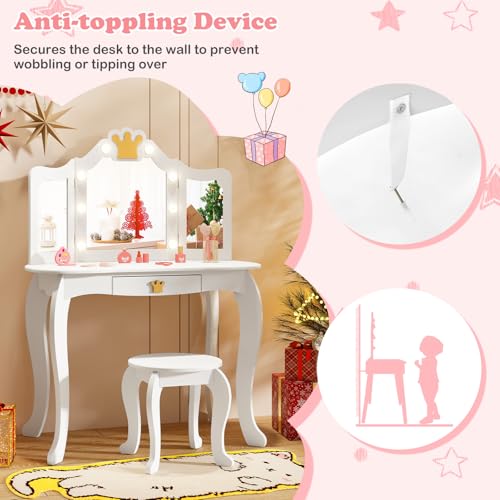 Image of KOTEK Kids Vanity with Lights, Crown Girls Vanity Set w /Tri-Folding Mirror, Detachable Top, Stool & Drawer, Wooden Toddler Makeup Dressing Table, Kids Vanity Table and Chair Set (White)