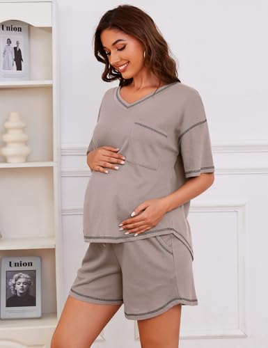 Image of Womens Pajama Sets Waffle Knit 2 Piece Short Lounge Set Cute Sleep Loungewear Pjs Set Short Sleeve Top and Shorts