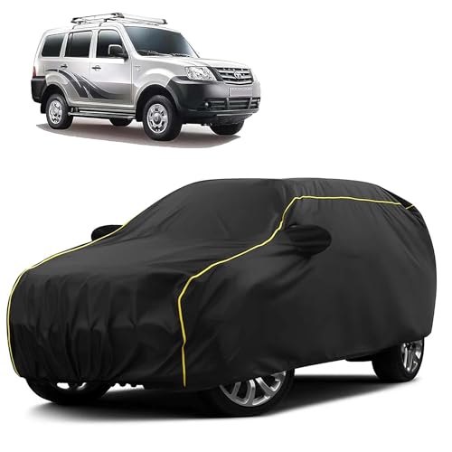 Image of Sulfar 100% Water Resistant Car Body Cover Compatible with Mirror for Tata Movus (Triple Stitched, Full Bottom Elastic, Black Taffeta with Yellow Piping)