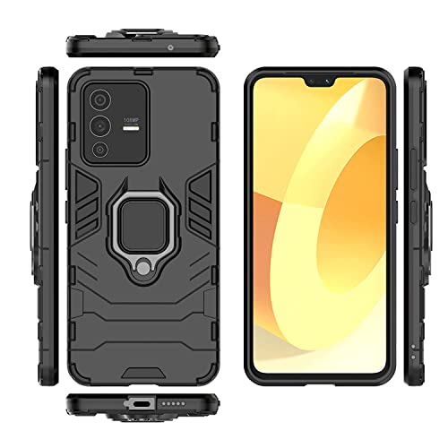 Image of WOW IMAGINE Shock Proof Back Case Mobile Cover for Vivo V23 Pro | Back Cover Case (Tough Armor | Hybrid PC + TPU | Ring Holder & in-Built Kickstand | Black)