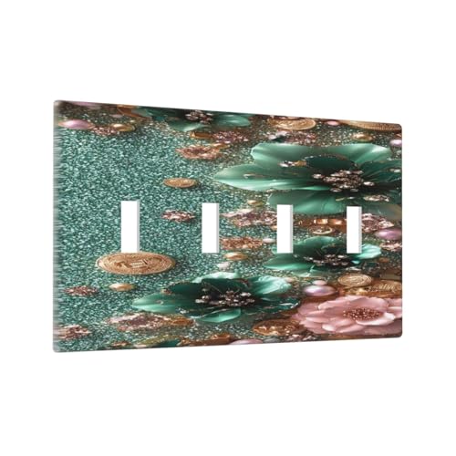Decorative Switch Covers Plate Bling Green Rose Flowers Crystal Rhinestone Glitter 4 Gang Wall Plate Oversized Quad Toggle Light Switch Plate Jumbo Faceplate for Bedroom Home Decor